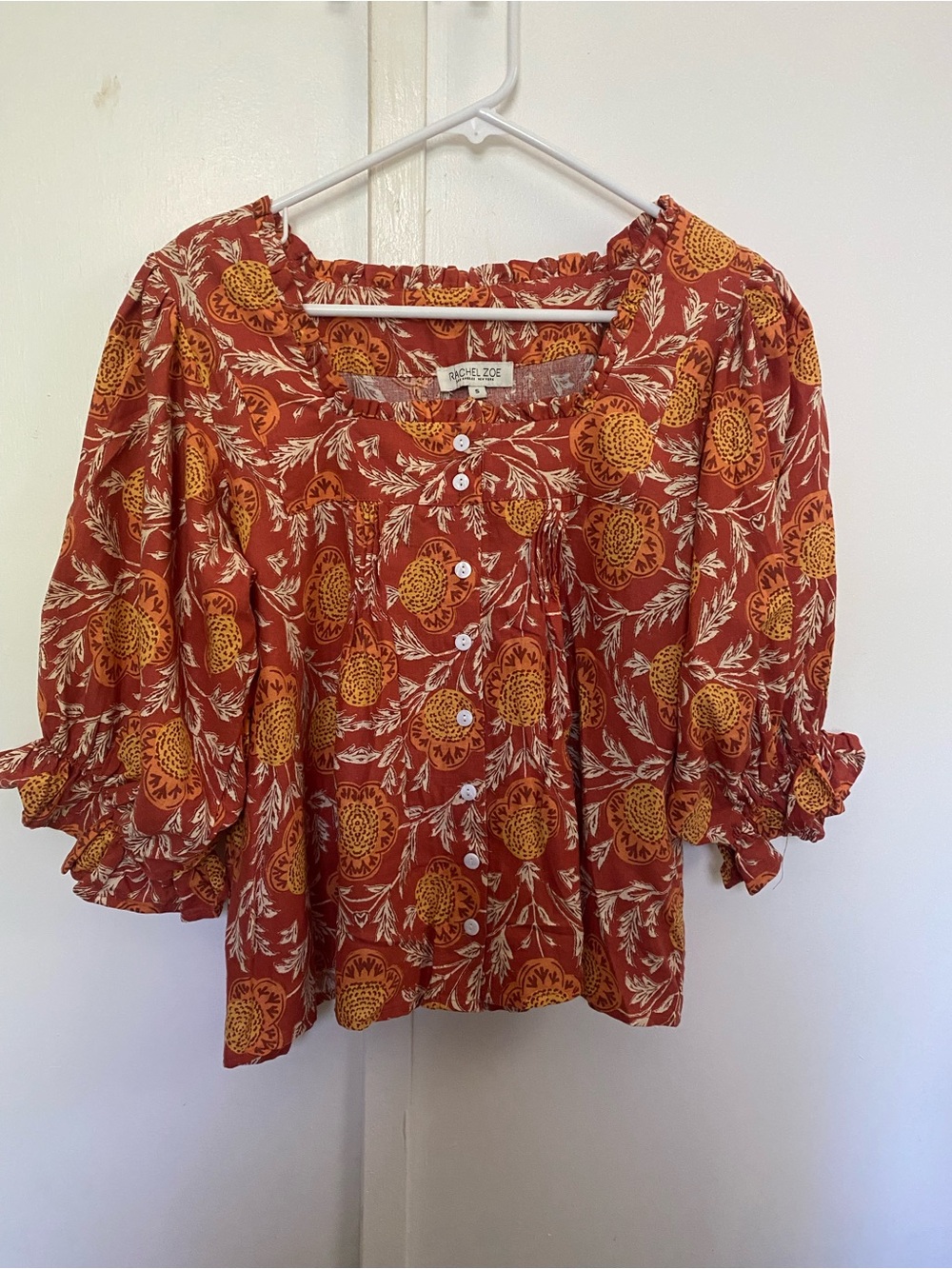 Rachel Zoe Rust and Yellow Floral Button-Front Puff Sleeve Top S